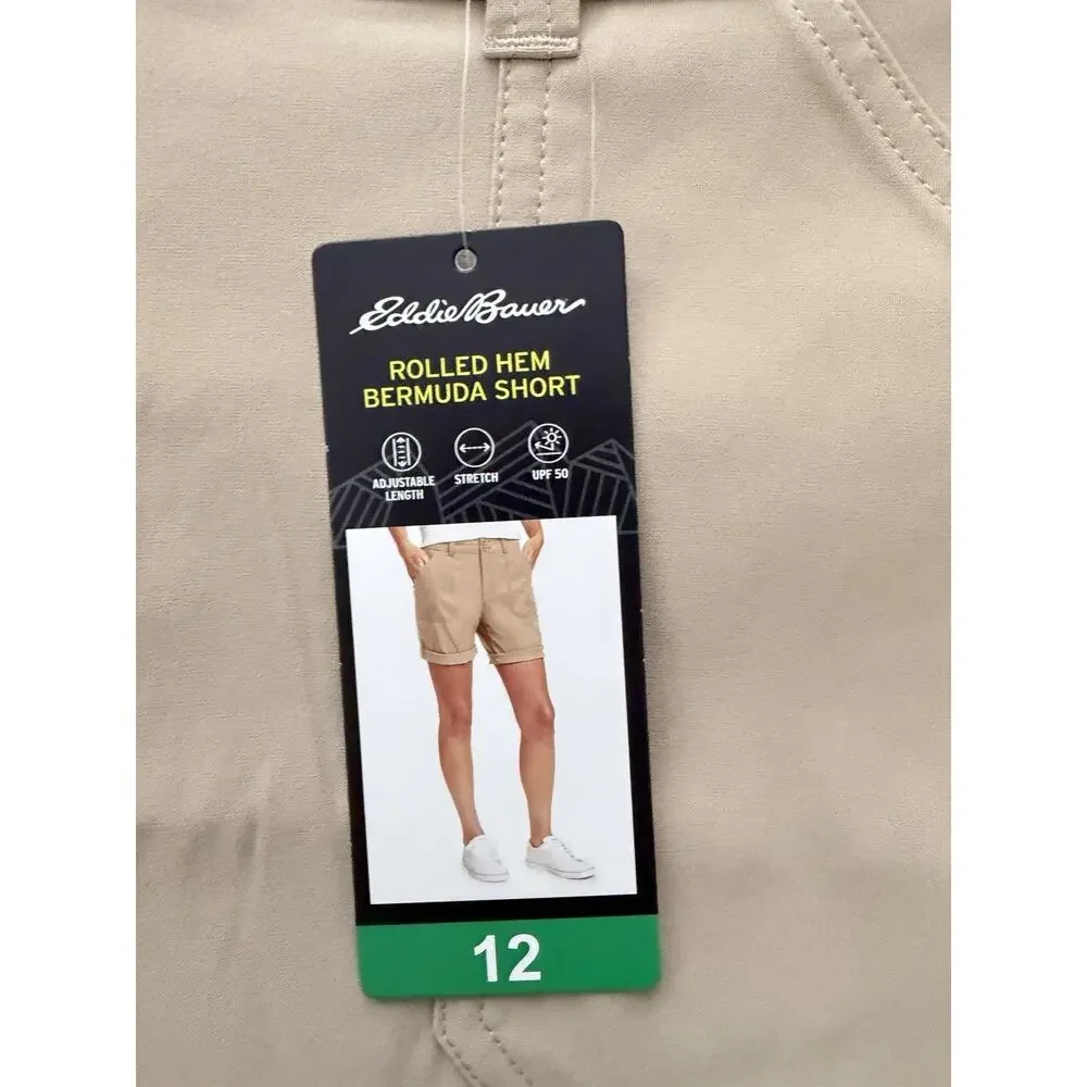 NWT Women’s Eddie Bauer Khaki Shorts Rolled Hem Bermuda Size 12 UPF 50 Pockets